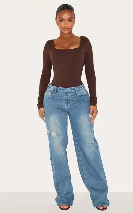 Plt - Shape Chocolate Built In Bra Sculpt Square Neck Long Sleeve Bodysuit