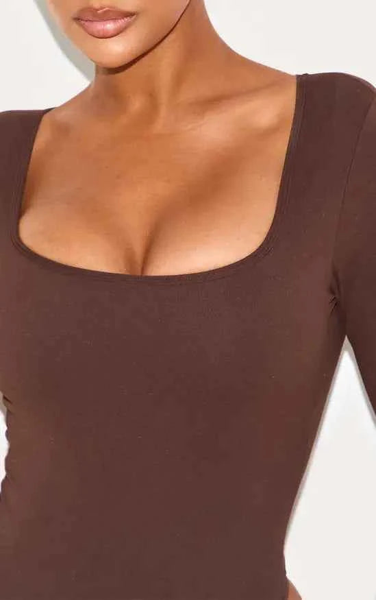 Plt - Shape Chocolate Built In Bra Sculpt Square Neck Long Sleeve Bodysuit