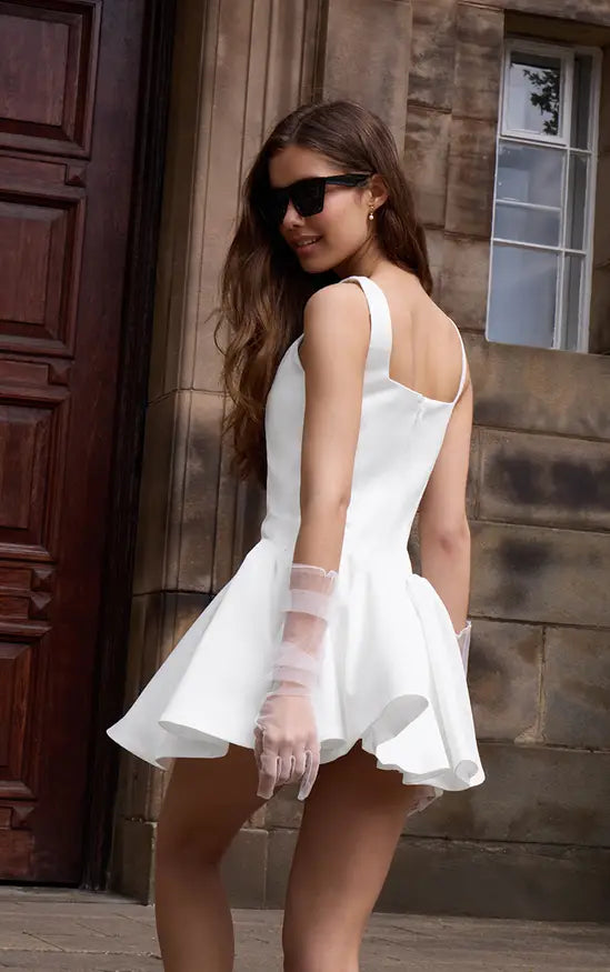 Premium White Satin Hip Pleated Skater Dress