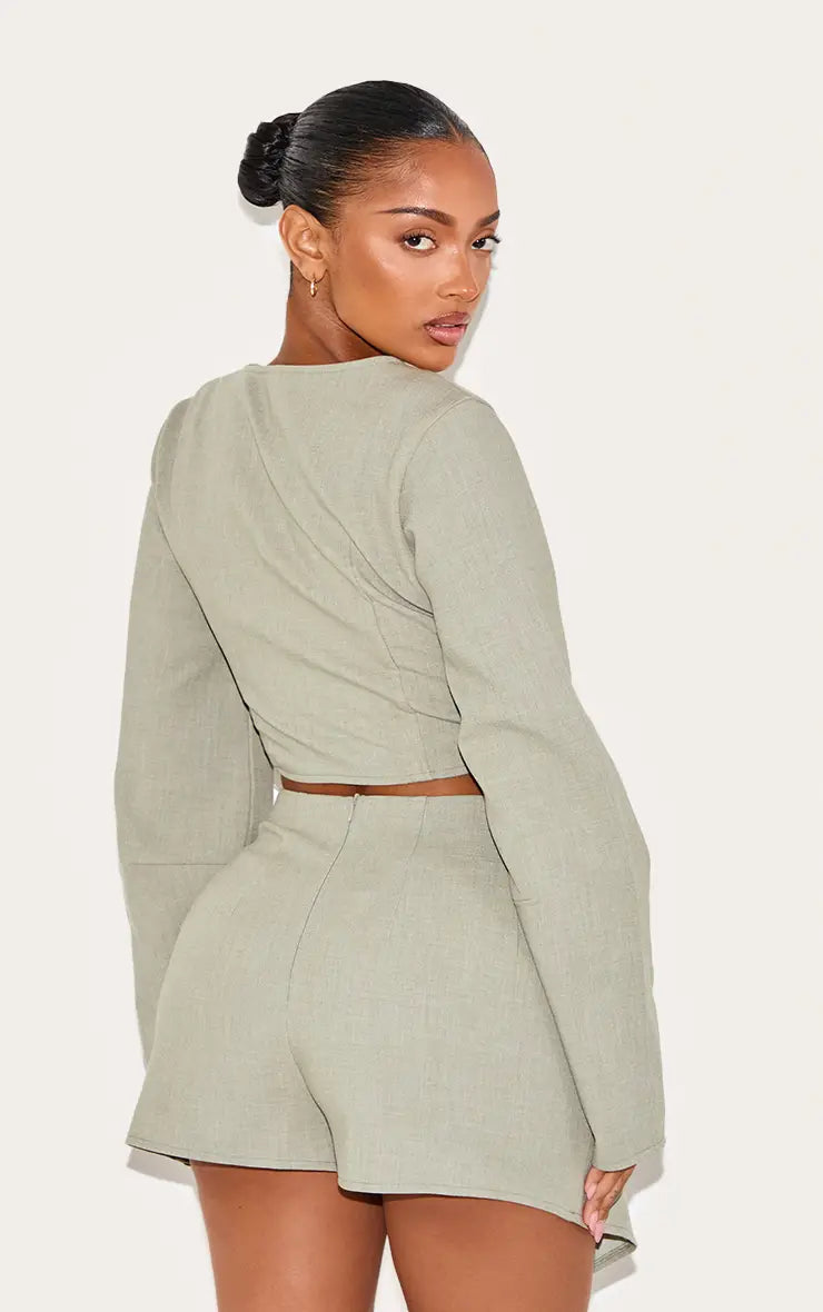 Plt - Shape Sage Woven Asymmetrical Hammered Button Blazer Co-ord
