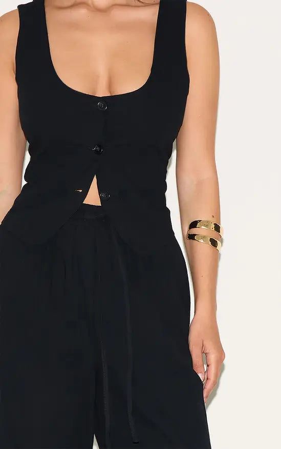 Plt - Black Linen Look Tailored Draw String Wide Leg Trouser Co-ord