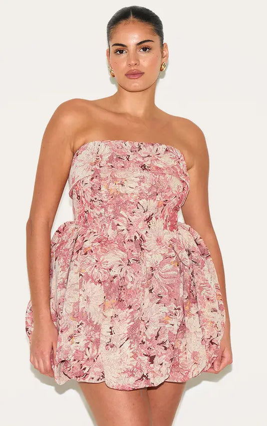 Plus Pink Floral Tapestry Bandeau Extreme Puffball Dress