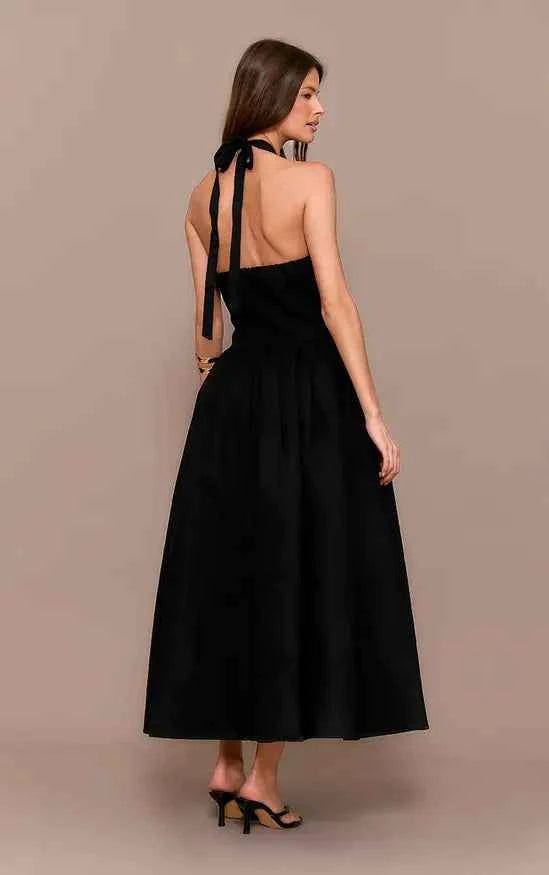 Plt - Black Polka Dot Halterneck Tie Detail Ruched Midaxi Dress
