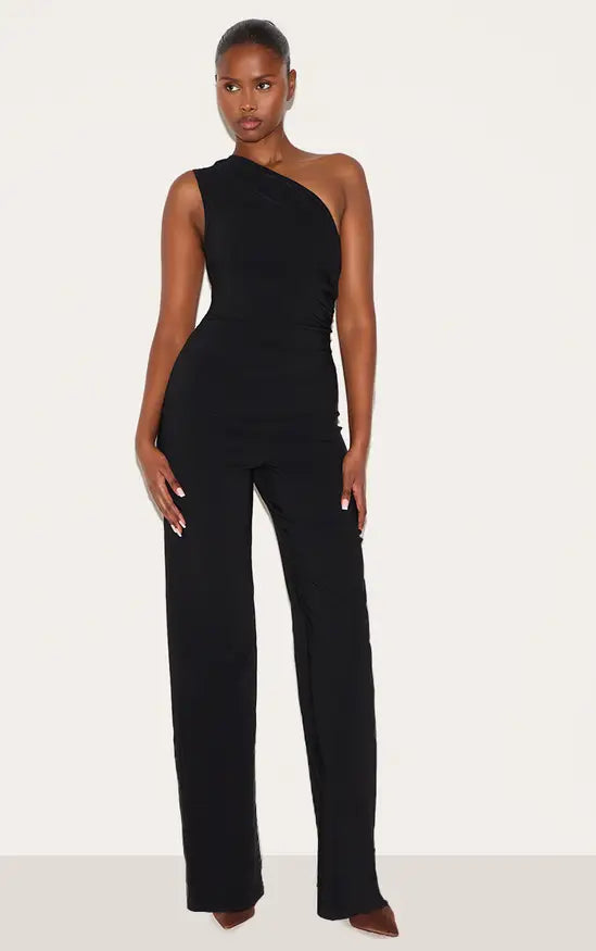 Plt - Black Stretch Woven One Shoulder Ruched Flared Jumpsuit