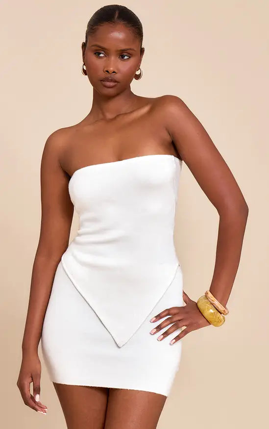 Plt - White Fine Knit Bandeau Asymmetric Hem Top