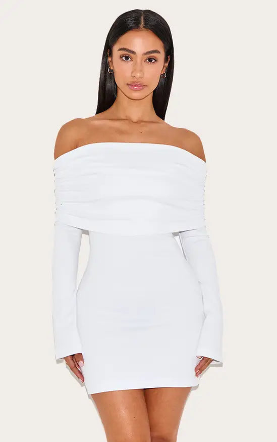 Plt - Petite White Foldover Bandeau Long Sleeve Mini Dress