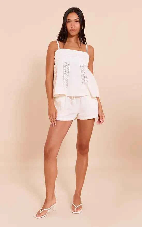 Plt - White Cotton Linen Look Drawstring Floaty Shorts
