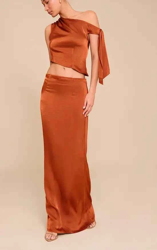 Plt - Rust Mid Rise Satin Maxi Skirt