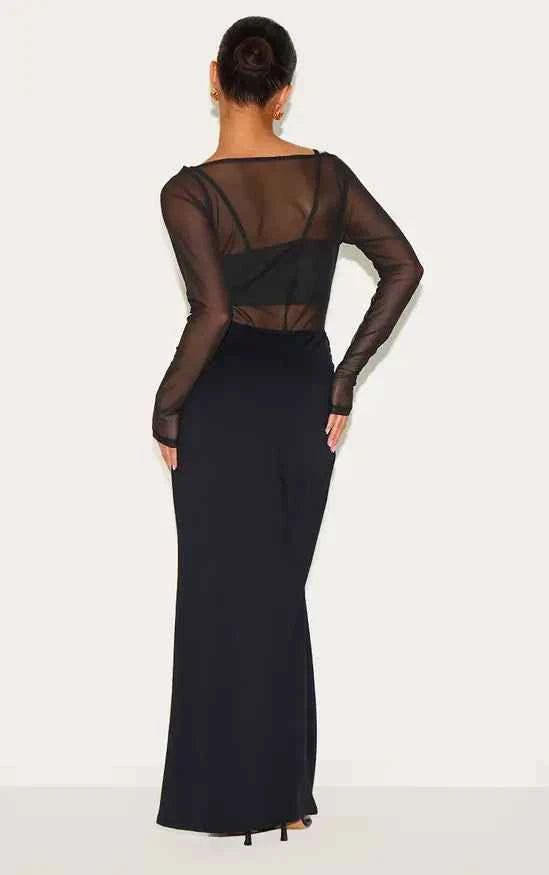Plt - Petite Slinky Long Sleeve Maxi Dress With Mesh Details