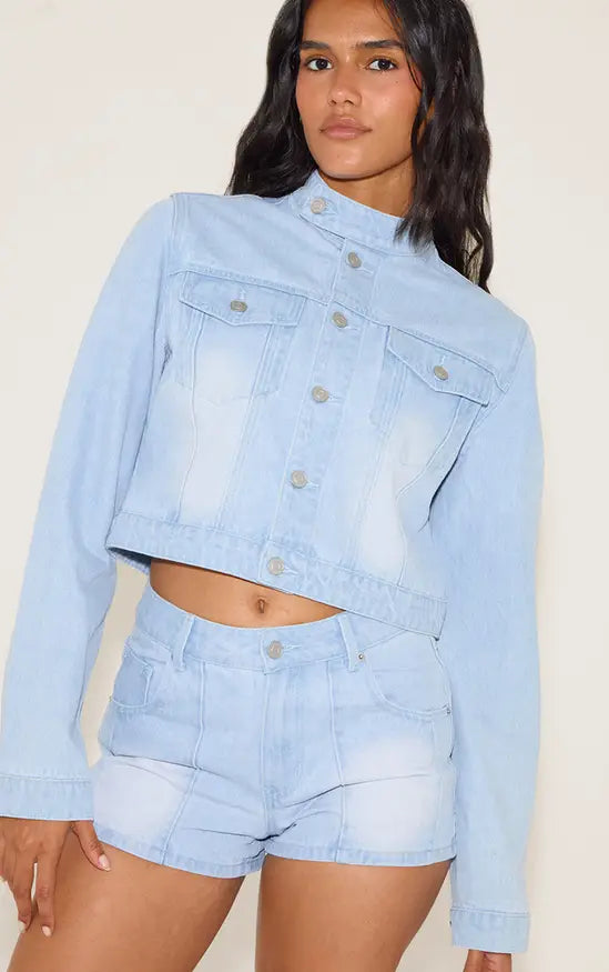 Plt - Light Blue Seam Detail Cropped Denim Racer Jacket