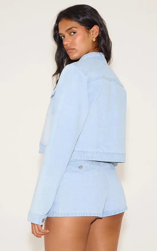 Plt - Light Blue Seam Detail Cropped Denim Racer Jacket