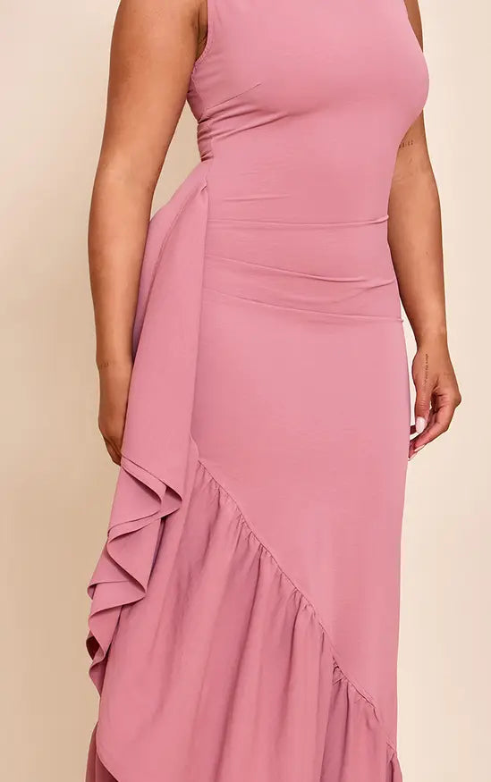 Plt - Shape Rose Stretch Woven Boat Neck Side Split Frill Maxi Dress