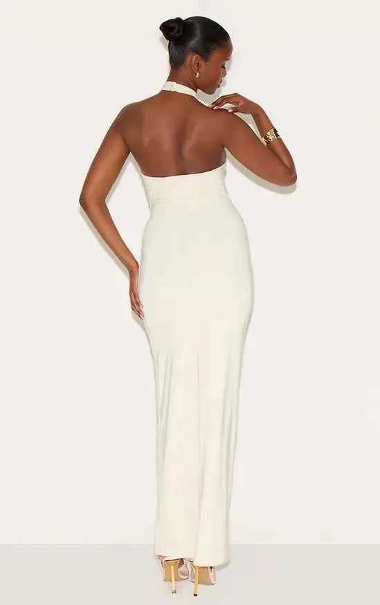 Ego - ALMOND DOUBLE LAYERED SLINKY HALTER NECK TRIM DETAIL MAXI DRESS