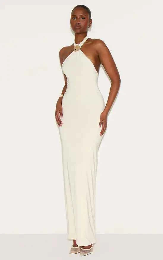 Ego - ALMOND DOUBLE LAYERED SLINKY HALTER NECK TRIM DETAIL MAXI DRESS