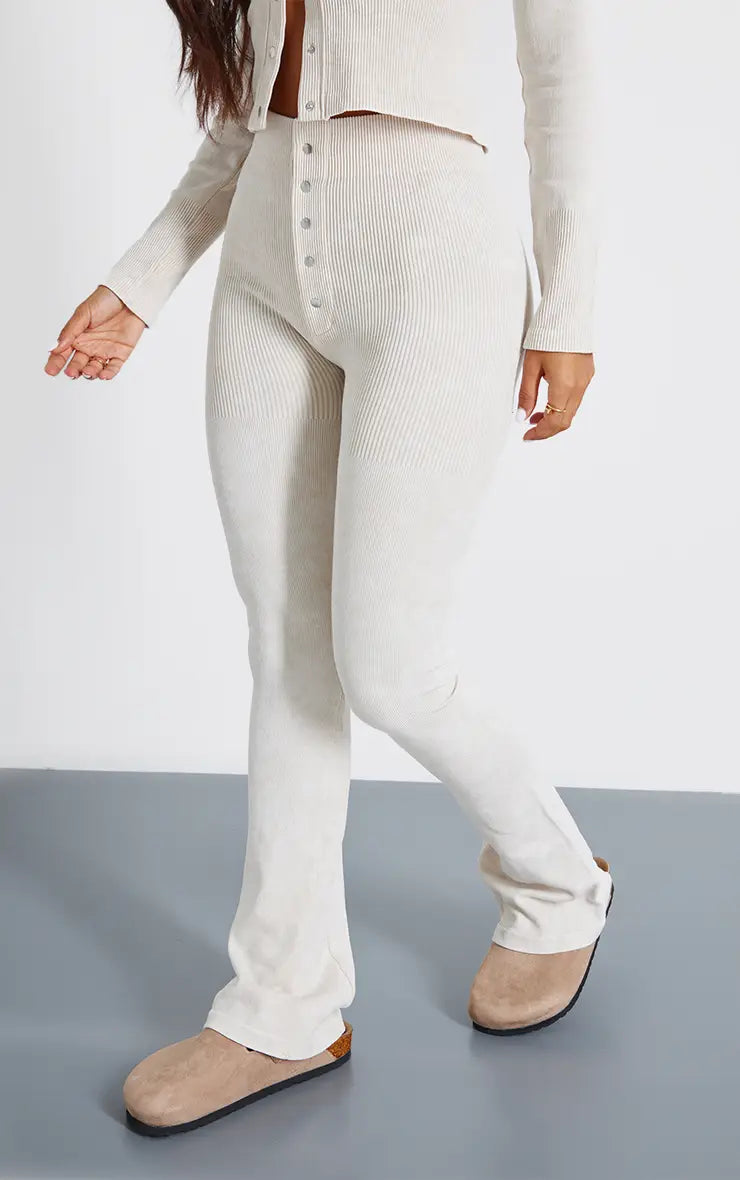 Plt - Petite Cream Faded Contour Rib Button Detail Flare Leggings