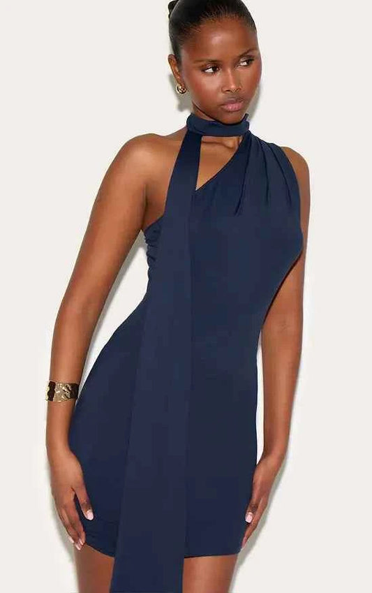 Plt - Navy Soft Touch One Shoulder Wrap Detail Mini Dress