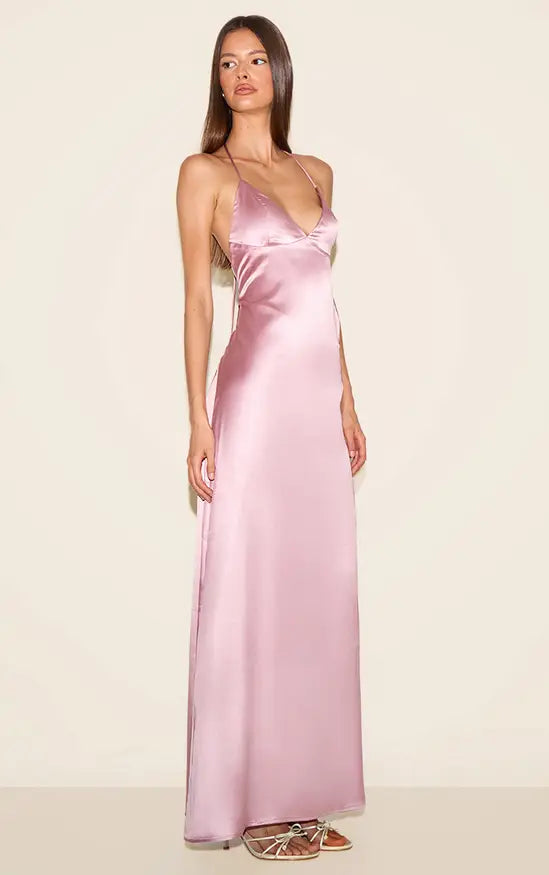 Plt - Pink Satin Low Back Maxi Slip Dress