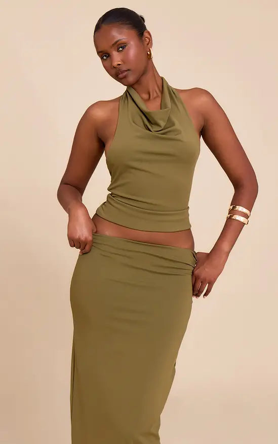 PrettyLittleThing Matte Sculpt Halterneck Gold Detail Backless Top Co-ord