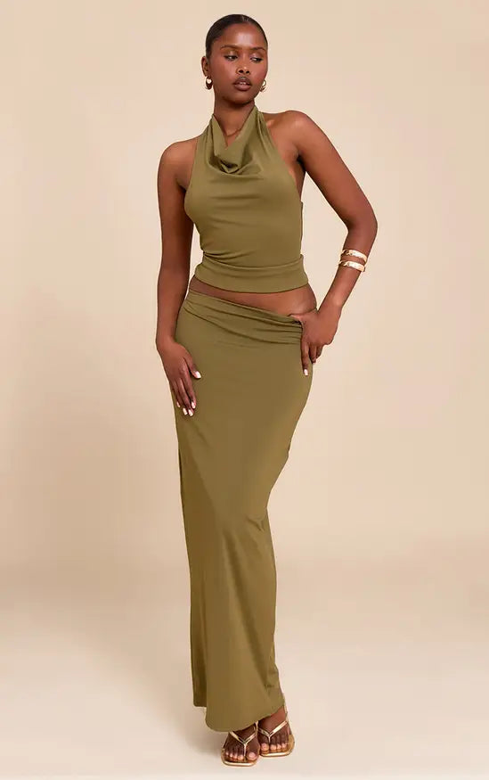 PrettyLittleThing Matte Sculpt Halterneck Gold Detail Backless Top Co-ord