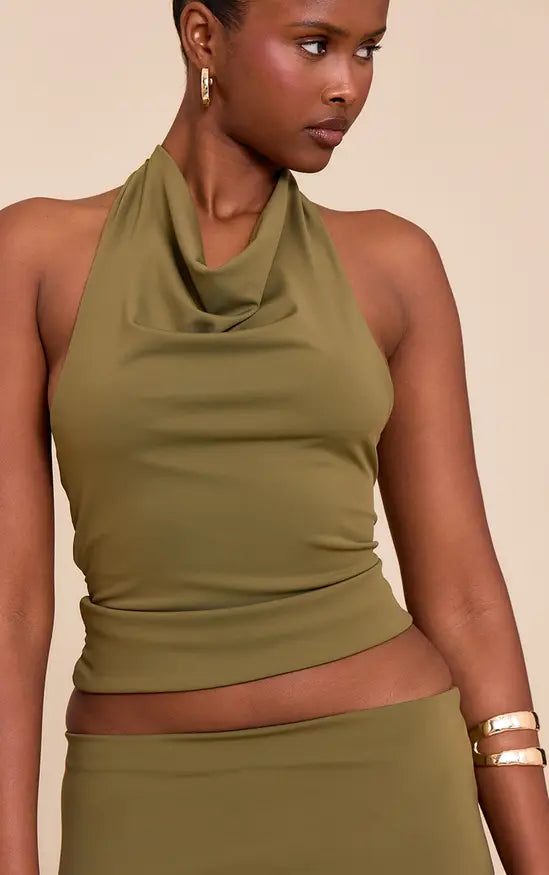 PrettyLittleThing Matte Sculpt Halterneck Gold Detail Backless Top Co-ord