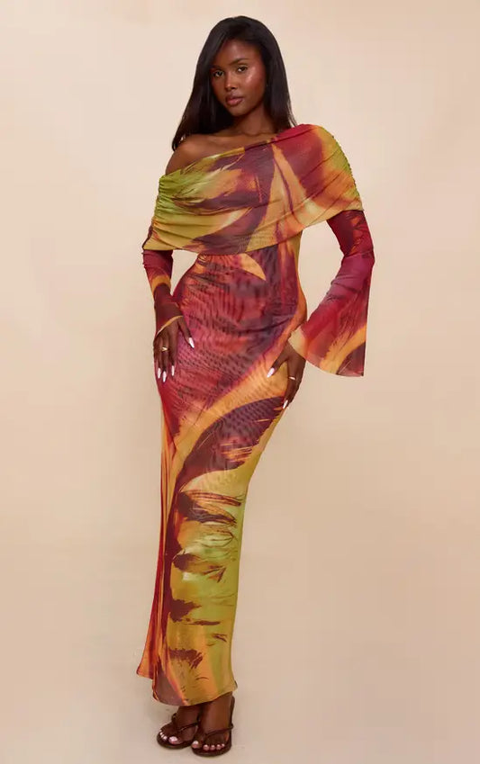 Plt - Orange Lined Mesh Long Sleeve Maxi Dress