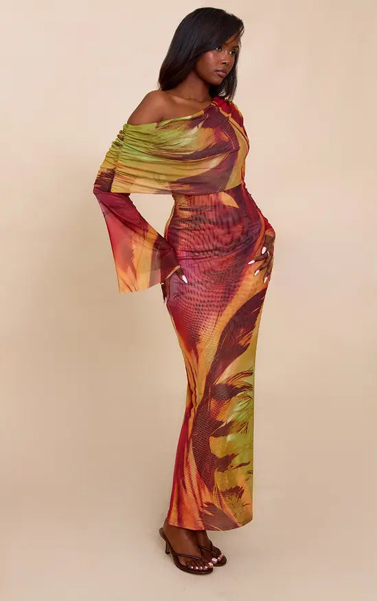 Plt - Orange Lined Mesh Long Sleeve Maxi Dress