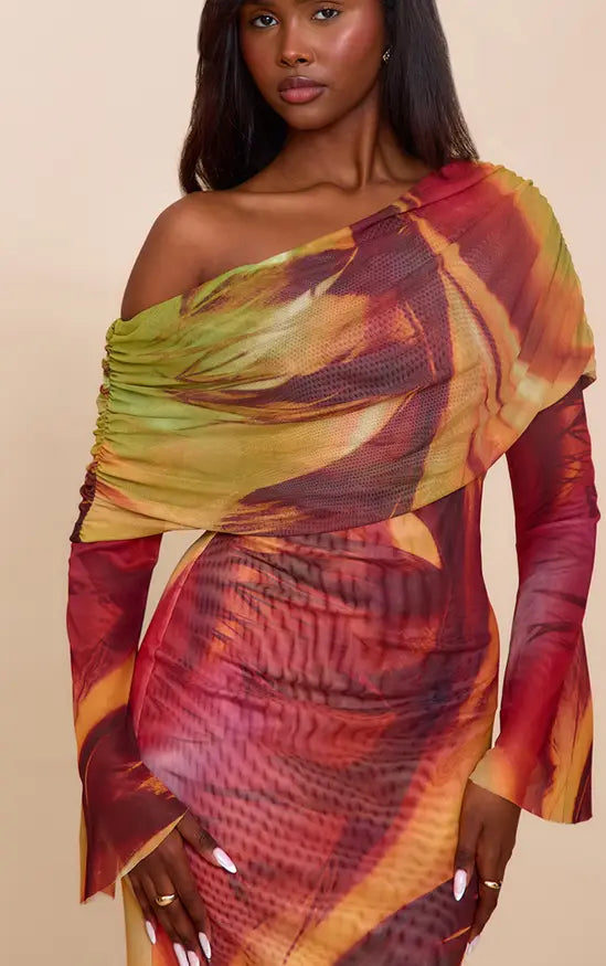Plt - Orange Lined Mesh Long Sleeve Maxi Dress
