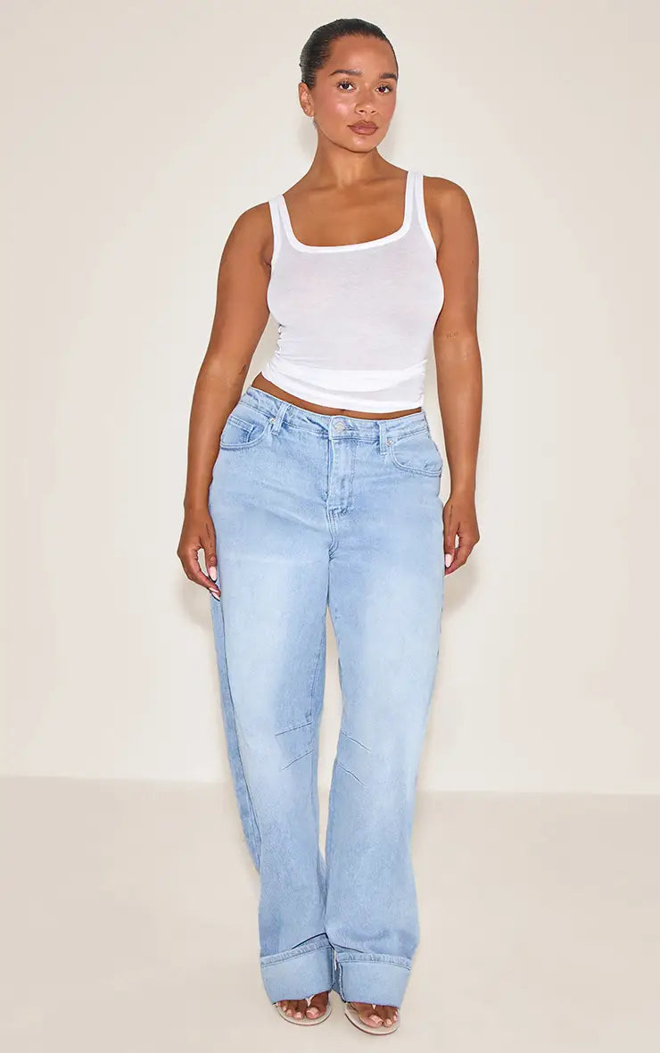 PrettyLittleThing Shape Highwaisted Stretch Denim Barrel Leg Turn Up Hem Jean