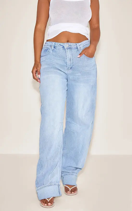 PrettyLittleThing Shape Highwaisted Stretch Denim Barrel Leg Turn Up Hem Jean