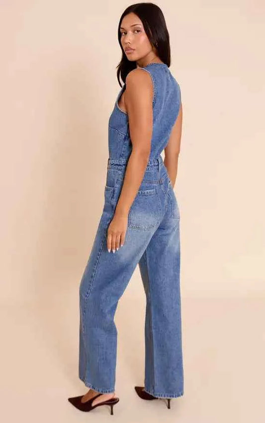 PrettyLittleThing Sleeveless Shirt Style Denim Jumpsuit