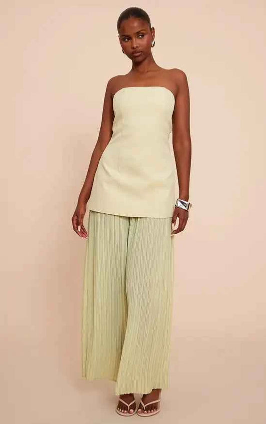 Plt - Sage Green Chiffon Pleated Skirt Panel Bandeau Maxi Dress