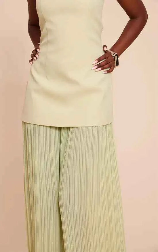 Plt - Sage Green Chiffon Pleated Skirt Panel Bandeau Maxi Dress