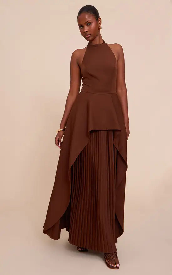 Plt CHOCOLATE WOVEN HALTERNECK PLEATED UNDERLAY MAXI DRESS
