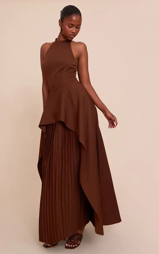 Plt CHOCOLATE WOVEN HALTERNECK PLEATED UNDERLAY MAXI DRESS