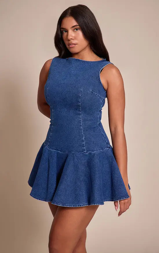 Plt - Shape Indigo Stretch Denim Boat Neck Dropped Hem Mini Dress
