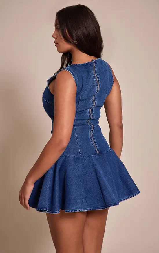 Plt - Shape Indigo Stretch Denim Boat Neck Dropped Hem Mini Dress