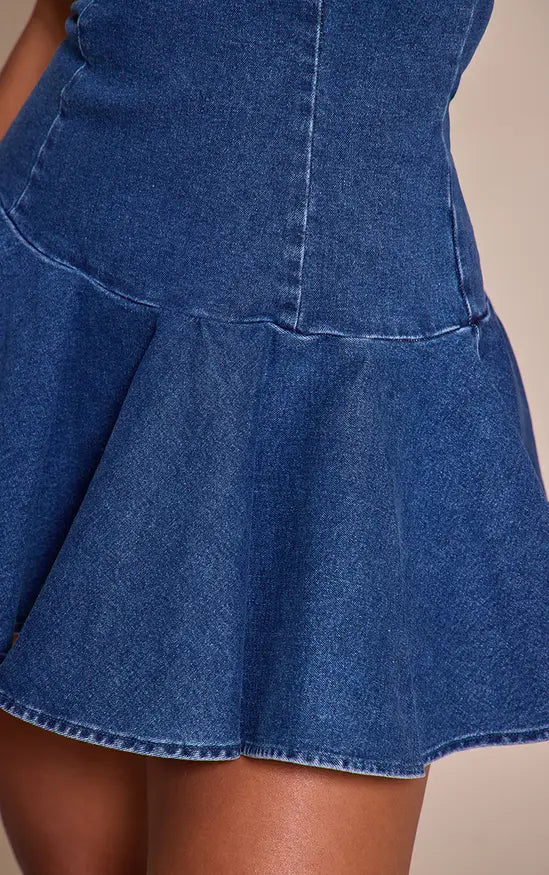 Plt - Shape Indigo Stretch Denim Boat Neck Dropped Hem Mini Dress