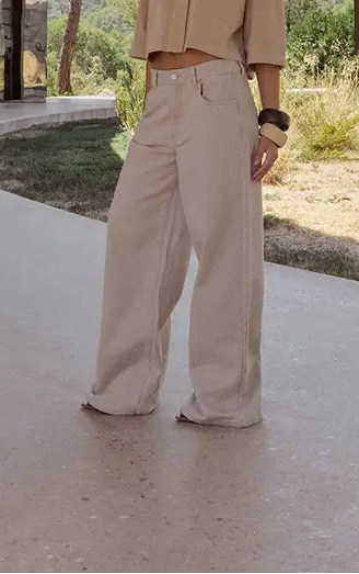 Plt - Beige Boucle Denim High Waist Wide Leg Jeans