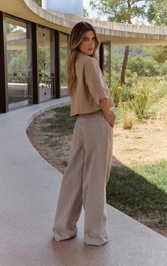 Plt - Beige Boucle Denim High Waist Wide Leg Jeans