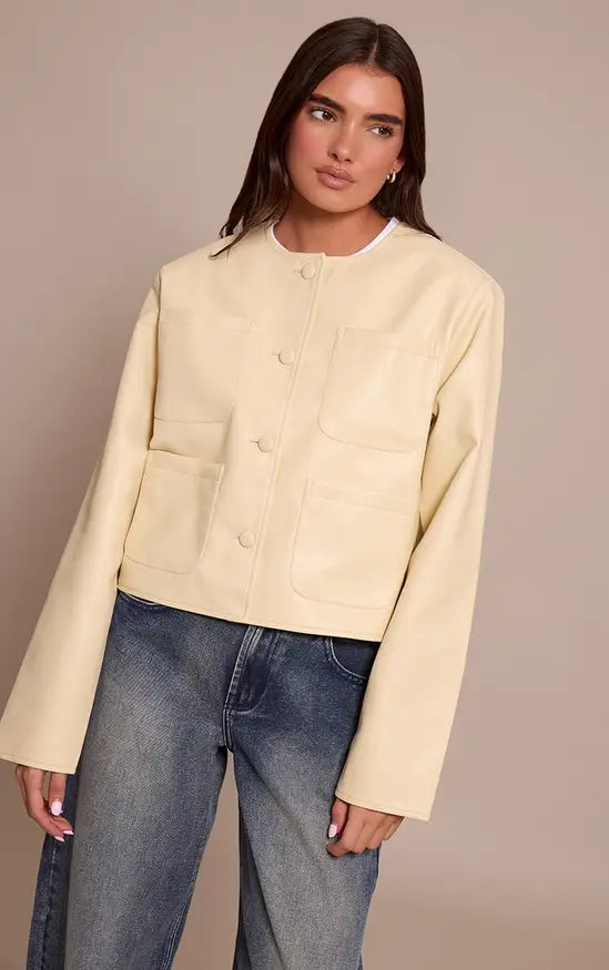Plt - Butter Cream Pocket Detail Faux Leather Jacket