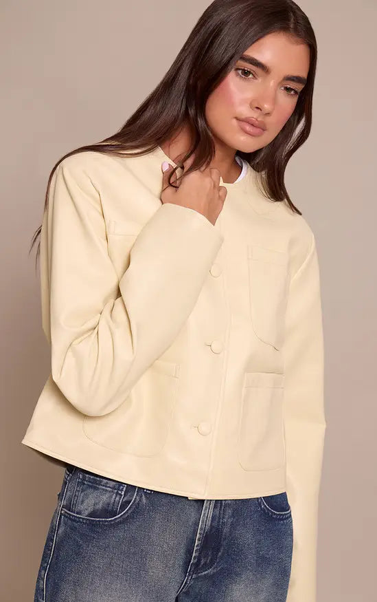 Plt - Butter Cream Pocket Detail Faux Leather Jacket