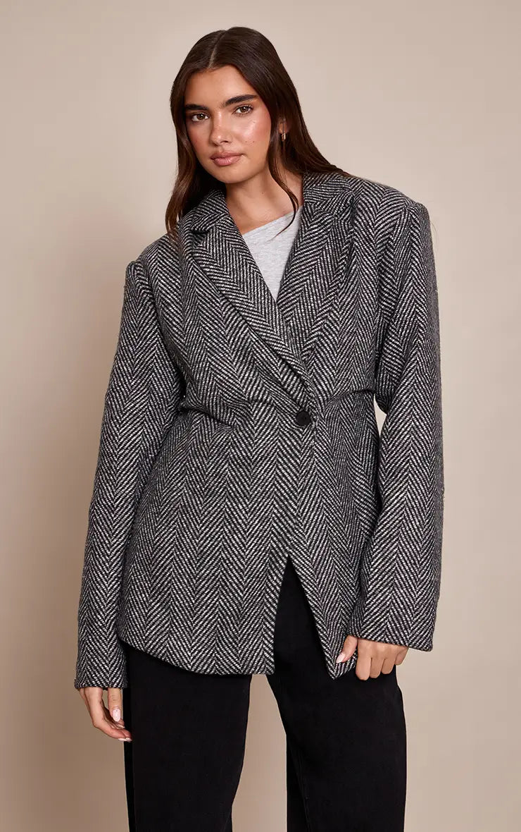 PrettyLittleThing Herringbone Gathered Cinched Waist Blazer