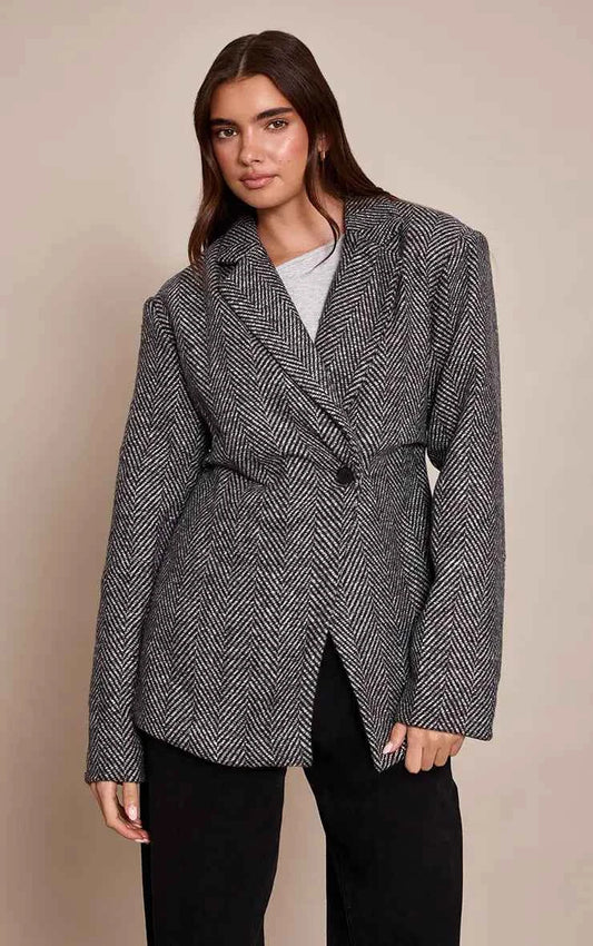 PrettyLittleThing Herringbone Gathered Cinched Waist Blazer