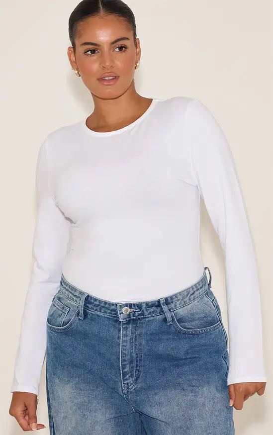 Plt - Plus White Cotton Crew Neck Long Sleeve Bodysuit