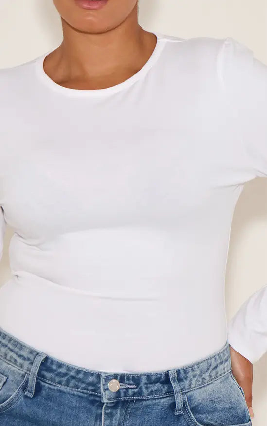 Plt - Plus White Cotton Crew Neck Long Sleeve Bodysuit