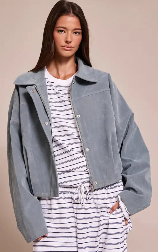 Plt - Dusty Blue Faux Suede Covered Placket Bomber Jacket