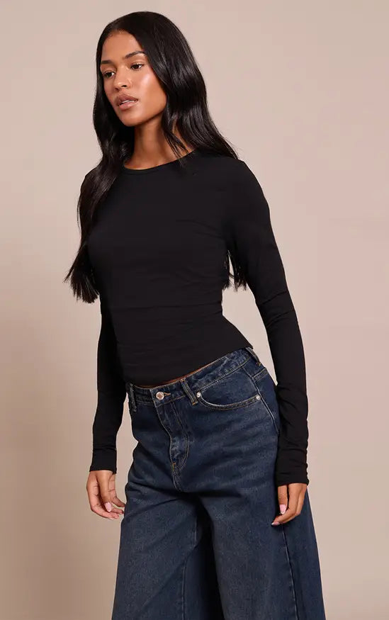 Plt - Tall Black Crew Neck Cotton Long Sleeve Top