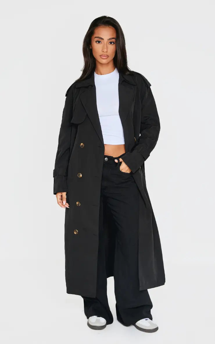 Plt Petite Black Tie Waist Trench Coat