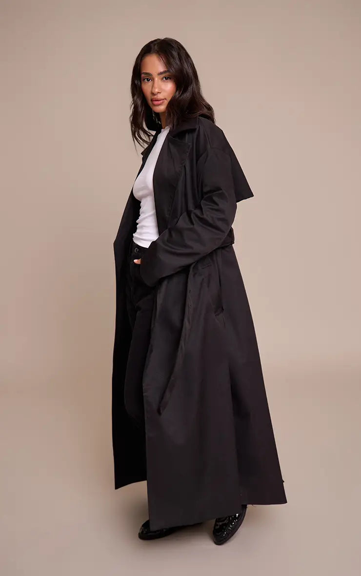 Plt Petite Black Tie Waist Trench Coat