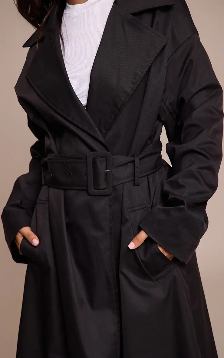 Plt Petite Black Tie Waist Trench Coat